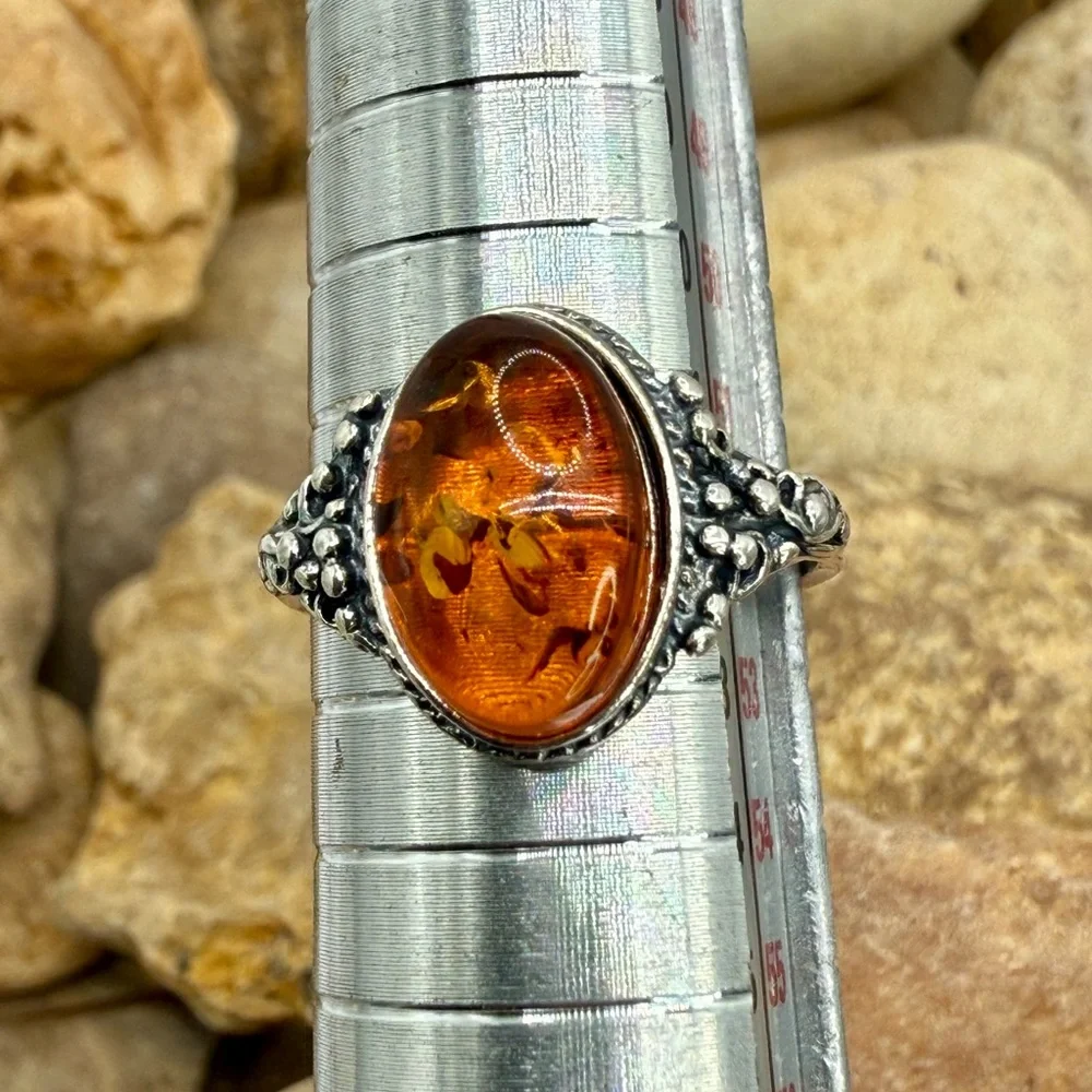 Vintage Cognac Baltic Amber Sterling Silver Filigree Ring Size 6